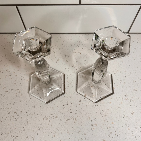 Set of 2 Elegant Clear Glass Hexagon Base Candle Holders Pair Home Decor - Picture 2 of 6